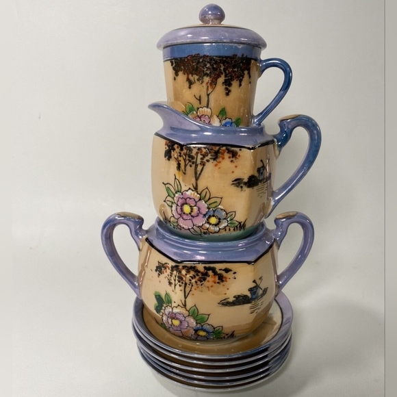 Vintage Japanese Lusterware Hand Painted Creamer and Sugar plus 6 Plates EUC - Picture 1 of 12